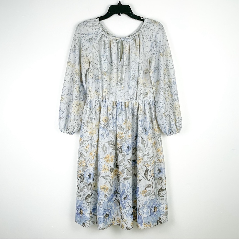 Vintage boho floral dress knee-length peasant dress gray, blue & tan size small